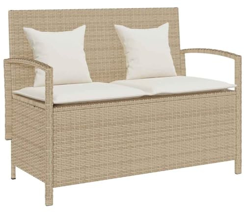 Hoopleep Gartenbank mit Stauraum und Kissen, Beige Poly Rattan, 111 cm breit, UV-beständig, wetterfest, für Terrasse und Außenbereich, praktische Aufbewahrung