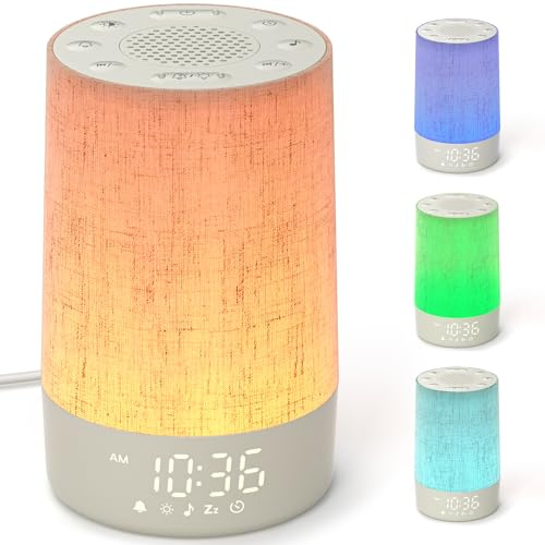 LIORQUE Reveil Simulateur d'Aube avec 30 Sons Apaisants, Bruit Blanc | 10 Niveaux Luminosité, 8 Couleurs RGB, Minuteur Sommeil 180min, 32 Volumes, Design Tissu, Mémoire Coupure Courant