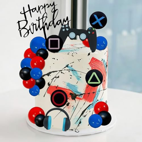 Tyotrbs Video Game Themed Cake Topper Glitter Headset Ball Cake Pick Game On Controllers GamePad Cake Decoration for Game Theme Baby Shower Birthday Party Supplies
