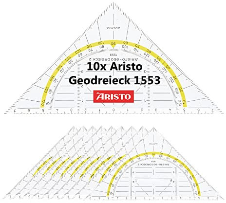 Aristo AR1553 Geodreieck mit festem Griff (Hypotenuse 16 cm, Tuschenoppen, Facette an der Hypotenuse, Plexiglas mit Tiefenprägung, Made in Austria) transparent, 10 Stück