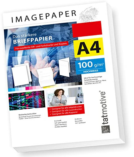 TATMOTIVE Imagepaper 100g/qm DIN A4, das stärkere Briefpapier, brillante Drucke für alle Drucker, 2000 Blatt Kopierpapier Druckerpapier weiß