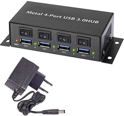 Renkforce RF-3955362 4 Port USB 3.2 Gen 1-Hub (USB 3.0) Metallgehäuse, einzeln schaltbar, zur Wandmontage Schwarz