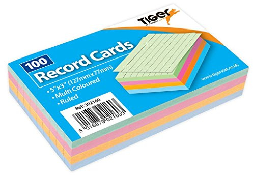 Tiger 1 x 100 Sheet Pack of Record Flash Cards Coloured Study Revision Coloured 5x3
