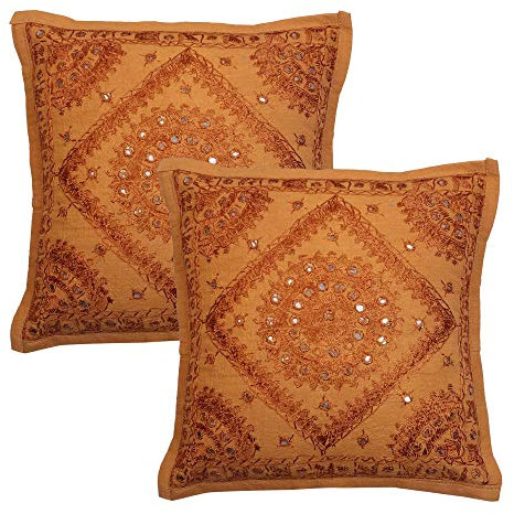 Stylo Culture Indio Fundas Almohadones Decorativa 40x40 cm Algodón Espejado Fundas De Cojines Sofa Marrón Caqui 16x16 Inch Bordado Cuadrado sobre Fundas De Almohadones para Cama - 2 Pcs