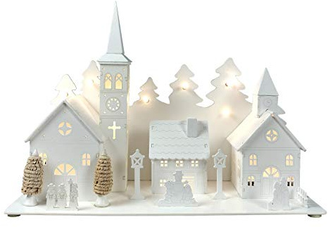 Selections Pre Lit White Wooden Traditional Christmas Village Scene Decoration