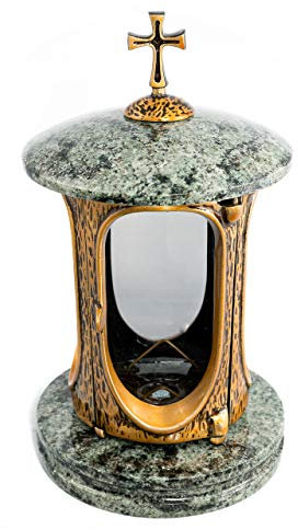 Afterglow - Elegante lanterna per tomba Elégant con croce, granito, oliva, altezza 27 cm/Ø 15 cm, lampada tombale, lampada tombale, lanterna in granito, bronzo con base decorativa