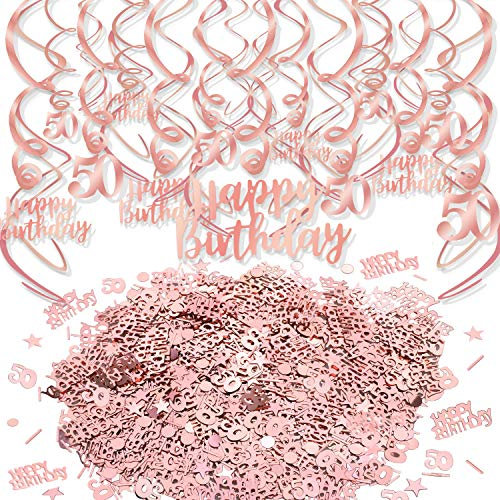 HOWAF Rose Gold 50. Geburtstag Deko für Frau - Hängedeko Roségold Wirbel Deckenhänger Spiral Girlanden und Konfetti Tisch Deko für Dekoration