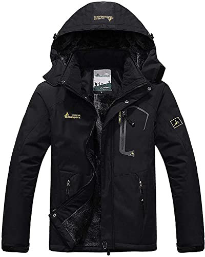 Memoryee Herren Ski Jacke Warmer Gefüttert Winter Fleece Mantel Wasserdichter mit Abnehmbarer Kapuze Outdoorjacke/Black/S