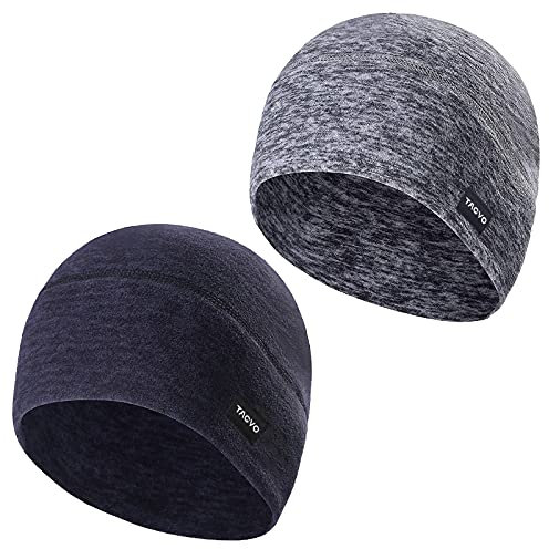 TAGVO 2 Packs Winter Thermal Fleece Running Hat, Beanie Cap Headwear with Ear Covers, Skull Cap Cycling Helmet Liner for Adults Women and Men Unisex Elastic Size Universal