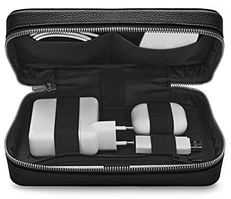 Woolnut Full-grain Leather Tech Pouch Organizer for Accessories - Green/Travel Cable Organiser Bag and Power Bank Case for Mens Travel Gadgets with cable storage
