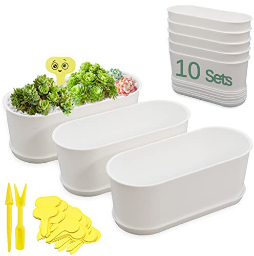 SYITCUN 10x Vasi da Fiori Ovale con Sottovasi,22x9x8,5 cm,Plastica Bianca Rettangolari Fioriera da Balcone con Foro di Scarico,Piante da Davanzale Vaso per Cactus,Piante Grasse,Fiori,Piccole Piante