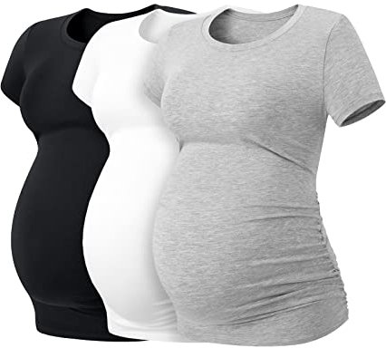 LAPASA Lot de 3 T-Shirts de Maternité Femme Vêtements de Grossesse Maillot de Corps Enceinte Manches Courtes L55 1 Noir, 1 Gris Chiné, 1 Blanc Cassé XXL