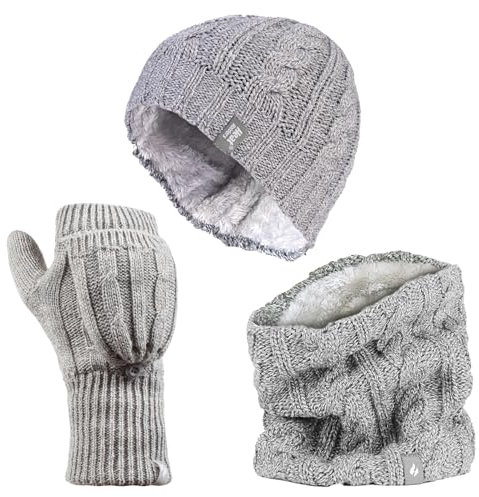 HEAT HOLDERS - Femme Polaire Thermique Tricot Bonnet, Cache-Cou et Gants sans Doigts (Taille unique, Gris Clair)
