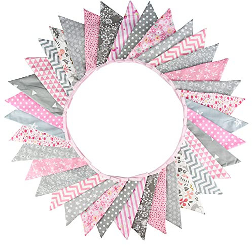 G2PLUS 10M Stoff Wimpelkette, Schöne Wimpelgirlande Stoffgirlande, Girlande Wimpel mit 36stk Anhänger Fahnen für Hochzeits Geburtstag Party-Rosa und Grau