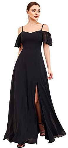 Ever-Pretty Women's Ruffles One Shoulder Short Sleeve Empire Waist A Line Chiffon Long Evening Gowns Dresses with Side Slit Black 14UK