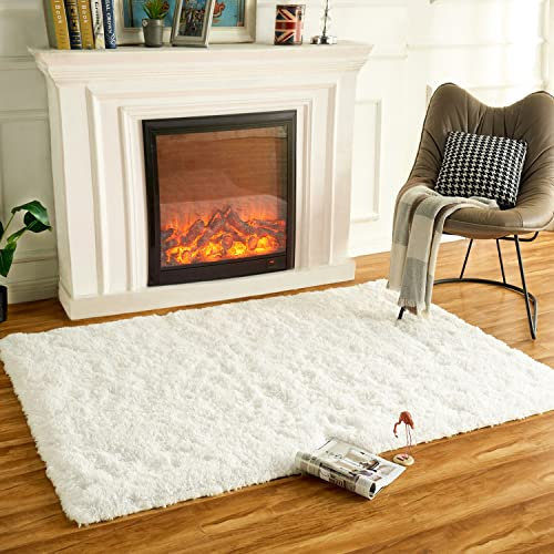 HARESLE Rechteckige Flauschige Teppiche, Zottelige Elfenbeinfarbene Teppiche für das Schlafzimmer-Superweiche Flauschige rutschfeste Tepich (Creme/90×160 cm)