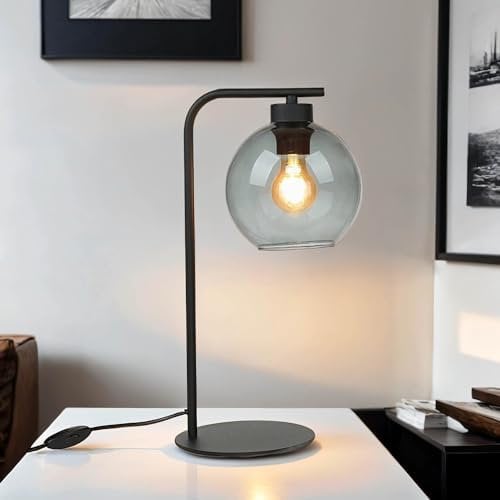 Licht-Erlebnisse Tischleuchte CUBUS aus Rauchglas & Metall in schwarz E27 Kabelschalter H:46cm Nachtschrank Wohnzimmer Nachttischlampe Innen Tischlampe