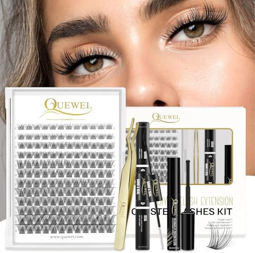 Individual Lashes 144 Cluster-Lashes QUEWEL DIY Eyelash Extensions Kit, Clusters-Eyelash Applicator, Cluster Lashes Bond and Seal Super Hold, Clusters Lash Glue Remover Easy to Remove(QU-RR-DH-02)