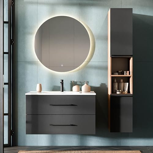 Planetmöbel Muebles de baño Juego Completo Muebles de baño, Juego Completo 3 Piezas 90cm con Lavabo cerámico y Armario Alto, en los Colores Roble Dorado/Antracita