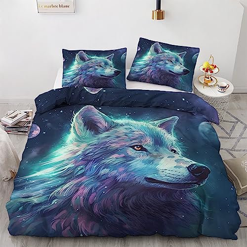 Wolf Bettwäsche 155x220 3 teilig - Tier Bettbezug, Sommer Bettwäsche-Sets, Weich & Bügelfrei Mikrofaser Wendebettwäsche und 2 Kissenbezug 80x80 mit Reißverschlus S3-&-70