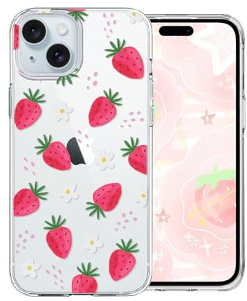 Cute Phone Case for iPhone 15 6.1 Inch with kawaii Strawberry Daisy Flower Design,Clear Slim Soft TPU Shockproof Protective Cover Compatible for iPhone 15 for Women Girls Kids