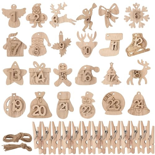 BHGT 1-24 Adventskalender Zahlen Holz mit 24 Stück Holzklammern Juteschnur Holzzahlen Anhänger Weihnachtsdeko DIY Deko für Weihnachtsbaum Adventskalender zum Basteln (Stil D)