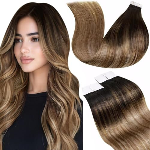LaaVoo Tape Extensions Echthaar Balayage Braun Tape in Extensions Echthaar Dunkelstes Braun Ombre Mittel Braun Goldbraun Remy Tape Haar Extensions Human Hair Glatt 30G 20PCS 30cm #2/6/12