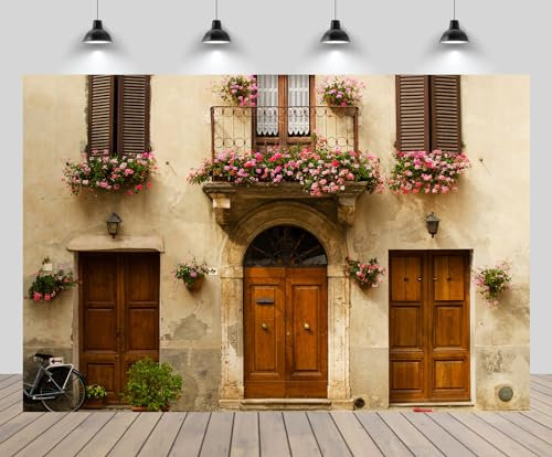 CHNYWORK Italienischer Hintergrund, toskanische Straße, Café, Italien, Stadt, mittelalterliche Architektur, alte Wand, Blume, Fenster, Topfpflanze, Blumen, Fotohintergrund für Hochzeit, Reisen, Party,