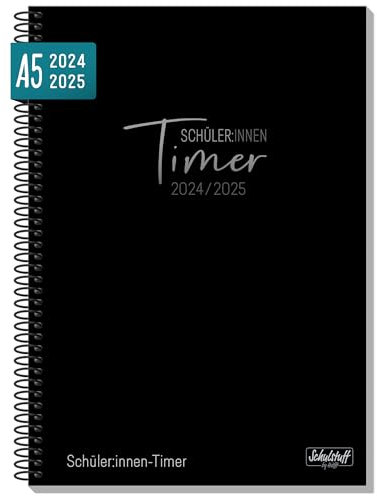 Schüler-Timer mit Spiralbindung 2024/2025 A5 Black Edition Schülerkalender, Schüler-Tagebuch, Schülerplaner, Hausaufgabenheft - nachhaltig & klimafreundlich