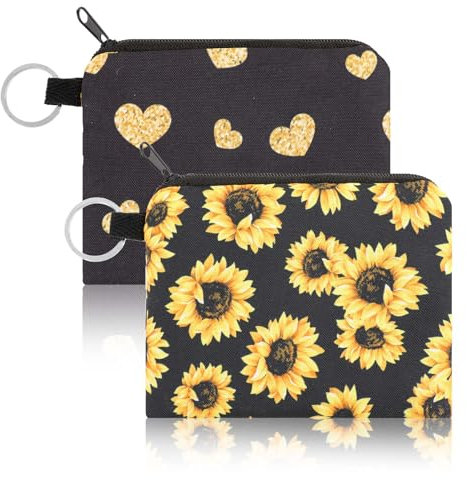 Kosmetiktasche Klein, 2 Stück Sonnenblumen Geldbörse, Stoff Münzbeutel mit Schlüsselring, Herz Münzbeutel mit Reißverschluss, Kleiner schwarzer Canvas Geldbeutel, Tragbarer Schlüsselanhänger