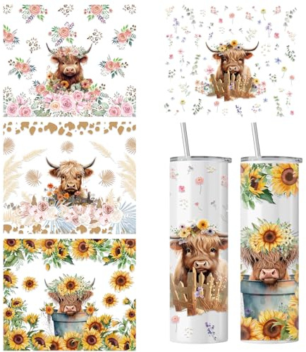 Rngmsi UV DTF Cup Wrap - 4 Sheets Highland Cow UV DTF Cup Wraps for 20 oz Tumbler Sunflower Uvdtf Cup Wraps Flower UV DTF Wrap Waterproof Personalized UV DTF Stickers for Glass Cups DIY Wood Crafts