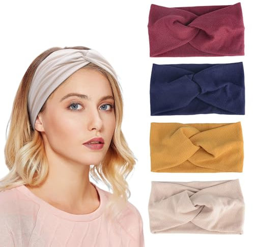 Norhogo 4 Stück Sommer Elastische Stirnbänder, stirnband damen, Haarreif Elastisch Breites Stirnband Baumwollkreuz Stirnband Knoten Sport Headwrap Headband Yoga Haarschmuck für Damen Mädchen, Stil-b