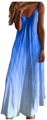 Robe été Femme Mi Longue Cache Coeur Dentelle Robe de Plage avec Ourlet à Volants Robe Décontractée sans Manches Col en V Boho Robe Trapèze Robe élégante Dress Robes de Sport Femme ( Bleu, XXL