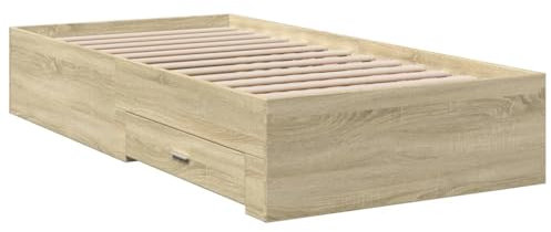 vidaXL Bettgestell, Bett mit Schubladen, Bettrahmen mit Sperrholzlatten, Einzelbett für Schlafzimmer, Schubladenbett, Sonoma-Eiche 75x190cm Holzwerkstoff