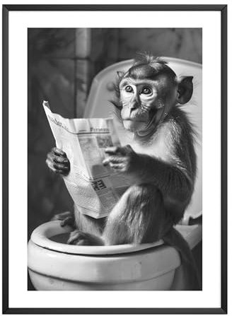 MJ-GRAPHICS® | Badezimmer Deko Bilder - Affe Badezimmer Deko Bild Schwarz-Weiß | Witzige Wanddekoration für Toilette - lustige Wanddeko - WC Toilette Deko| Din A4 Qualitätsdruck - ohne Rahmen