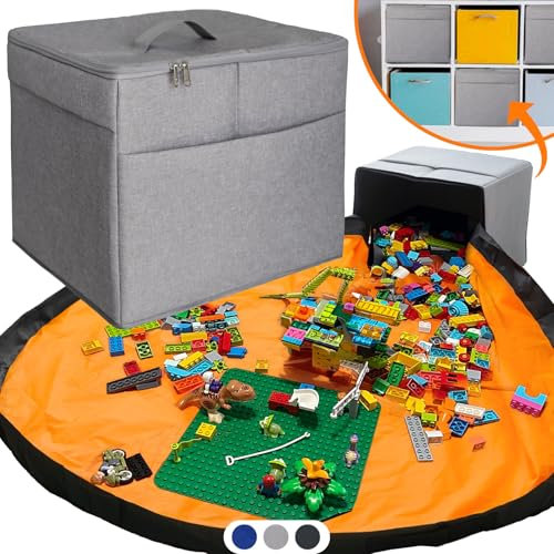 XL Toy Storage Organizer & Play Mat - Storage Bag/Box for Kids, Boys, Girls, Nursery, Playroom - Basket for Building Bricks/Blocks - Collapsible Fabric Cube Bin, 13x13x15