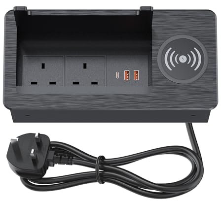 Desktop Power Socket with USB C PD 20W, BQO Recessed Power Strip with 3 USB,15W Wireless Charging for Home Office Desktop, 2m Cable(Black)