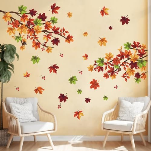 TOARTI Thanksgiving Wandtattoo Herbst Blätter Fensterbilder Herbst Wanddeko Baum Ast Ahorn blätter Wandaufkleber Ahorn Blätter Fenstersticker DIY Wandsticker Schlafzimmer Wohnzimmer Babyzimmer deko