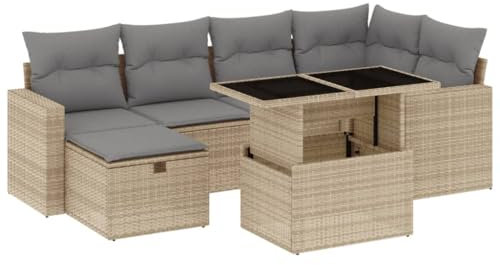 vidaXL Garten Sofagarnitur 7-TLG., Gartensofa mit Kissen, Sitzgruppe für Garten Terrasse, Gartentisch Gartenmöbel, Modern, Beige Poly Rattan