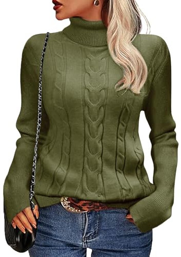 heekpek Women's Jumpers Long Sleeve Tops Turtle Neck Pullover Ladies Cable Knit Sweaters Kknitted Roll Neck Jumpers Soft Warm Knitwear, Army Green, S