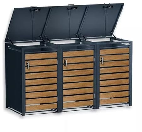 DWD Garden Triple Wheelie Bin Hideaway 120L,240L Waste Bin,Storage Shed w/Locking Doors Assisted lift up Lid easy use Outdoor Hygienic Dustbin Unit Cover Powdercoated Steel Matt Grey with Oak Doors