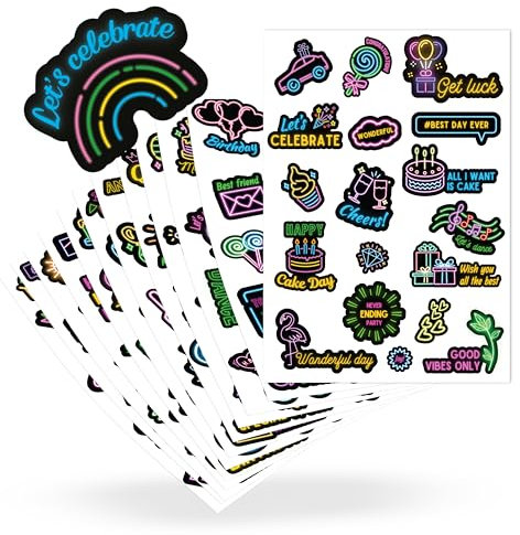 ECCK Neon Sticker Set, 200 wasserfeste Aesthetic Aufkleber für Geburtstag, Laptop, Trinkflasche & Fahrrad, Coole Geburtstag Deko für Geschenke, Einladungen, Scrapbook, Journal & Karten