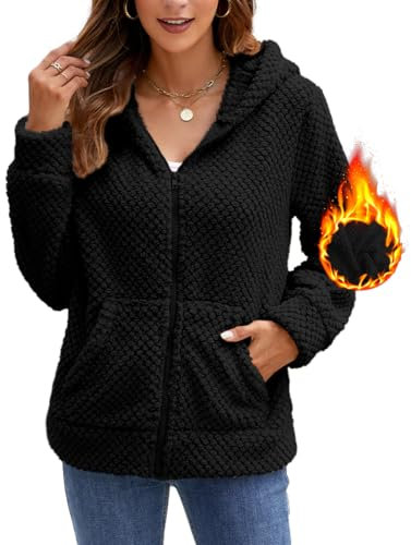 Yeenily Pile Felpe con Cappuccio Donna Invernale Maglione Pullover Hoodie Manica Lunga Cerniera Fleece Giacca Autunno Caldo Sweatshirt Cappotto con Tasca (Nero, XL)