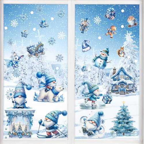 Joyoldelf Pegatinas Navidad Ventanas 116 Pcs- Adornos Bonitas Vinilos Navidad, 3D Adornos de Navideños Doble Cara Para Ventanas, Christmas Decoración Escaparates Reutilizable,Gnomo,Copo de Nieve