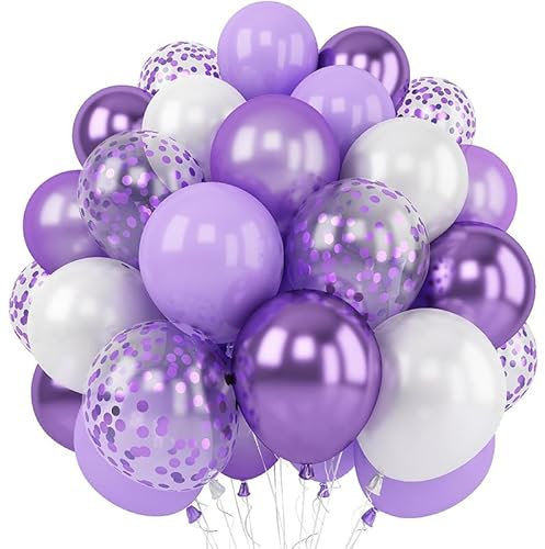 Bkemkri Globos de Lavanda, Lila, Violeta, Blanco, 60 Unidades de 12 Pulgadas, Globos de Látex, Globos de Helio, Globos Metálicos, Confeti Brillante para Niñas, Mujeres, Comunion, Cumpleaños
