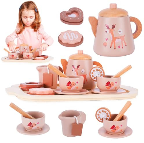 15 Pcs Service à thé Enfant, Services à Thé en Bois, Tea Party Jeux de Rôle, Service à Thé Jouets Montessori, Accessoires de Cuisine pour Enfants, Jeux de Cuisine pour Enfants Filles Garçons 3 4 5+Ans