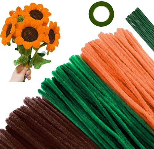 APKOL 300 pezzi Scovolini Ciniglia Colorati per Lavoretti in Marrone Giallo e Verde Pipe Cleaner con Stelo Filo Floreale e Nastro Floreale di DIY Carta per Girasole Fai da Te Decorativi Artigianato