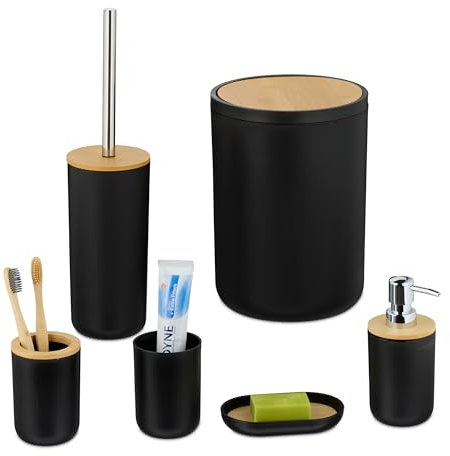 Relaxdays Badezimmer Set, 6-teilig, Badaccessoires Kunststoff, Bambus, komplette Badezimmerausstattung, schwarz/Natur