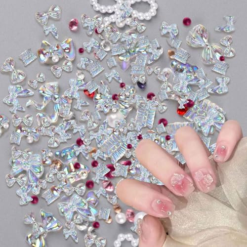 500 Pcs 3D Nail Charms, Multi Mix Styles Bow Art Nail Charms Pearls Bear Nail Rhinestones Charms, Aurora Resin Nail Charms Nail Gems for Women Girls Nail Art Decoration Jewelry Accessories DIY Crafts