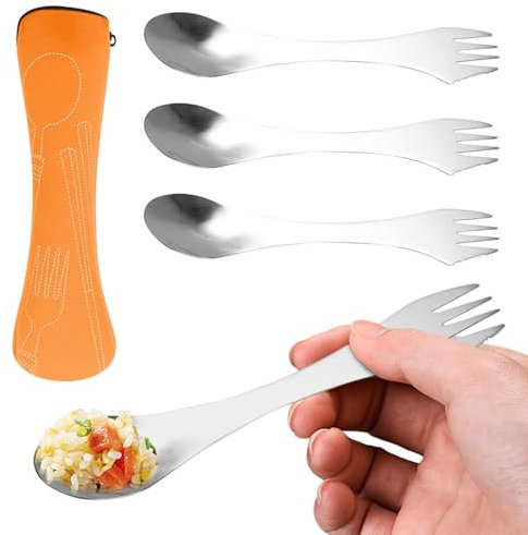 3 Pcs 3 in 1 Stainless Steel Sporks Fork & Knife Combo Utensil, Spork Camping Cutlery, with Portable Pouch, for Camping, Travel, Outdoor Activities